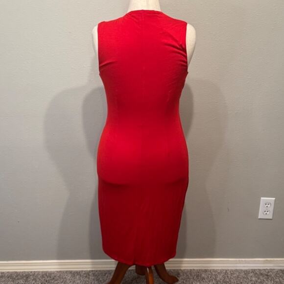Lauren Ralph Lauren dress red knit sleeveless faux wrap midi length bodycon Sz M - Picture 4 of 7